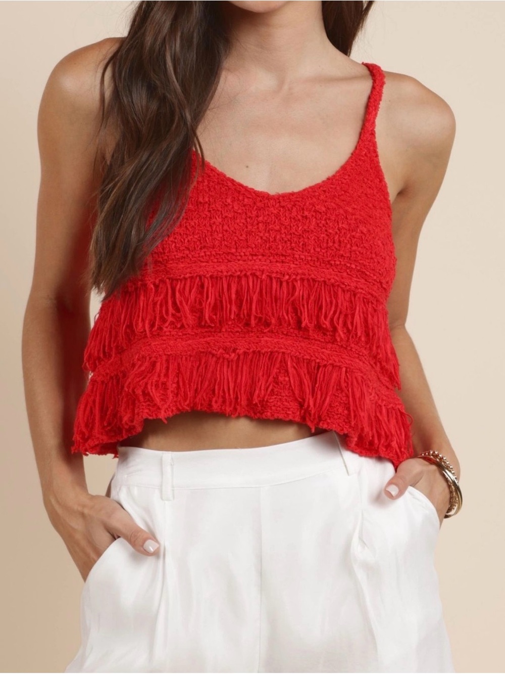 Sadie & Sage Red Fringe Knit Crop Tank